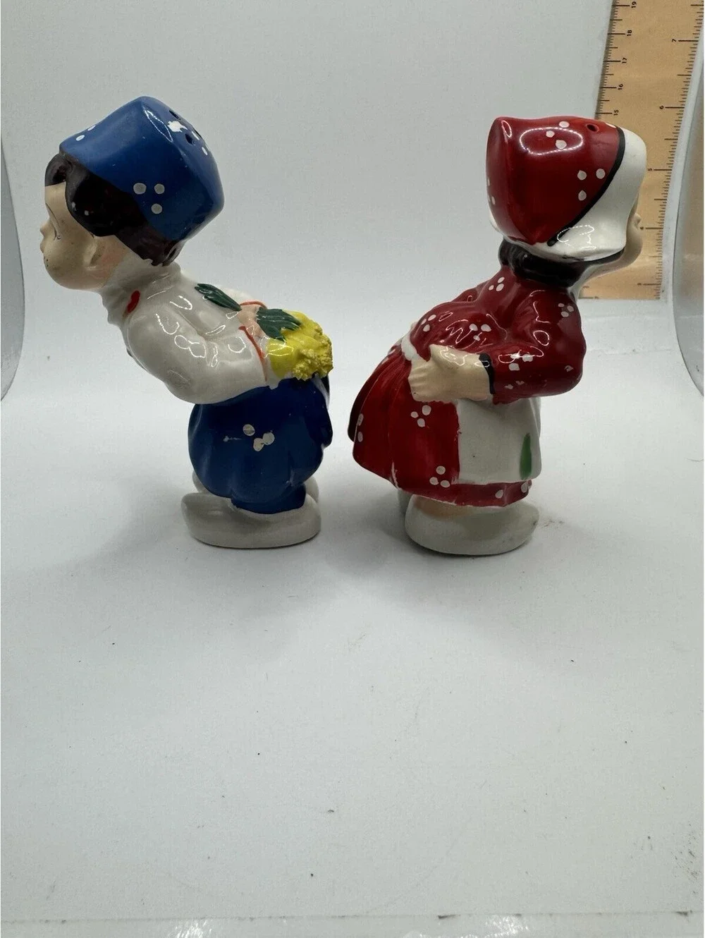 Vintage Salt and Pepper Shakers ~ Kissing Dutch Boy and Girl Japan - Red & Blue
